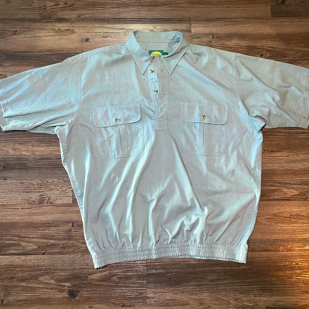 Cabelas Safari Series Shirt L Reg Short Sleeve Button Up Trail Banded Bottom